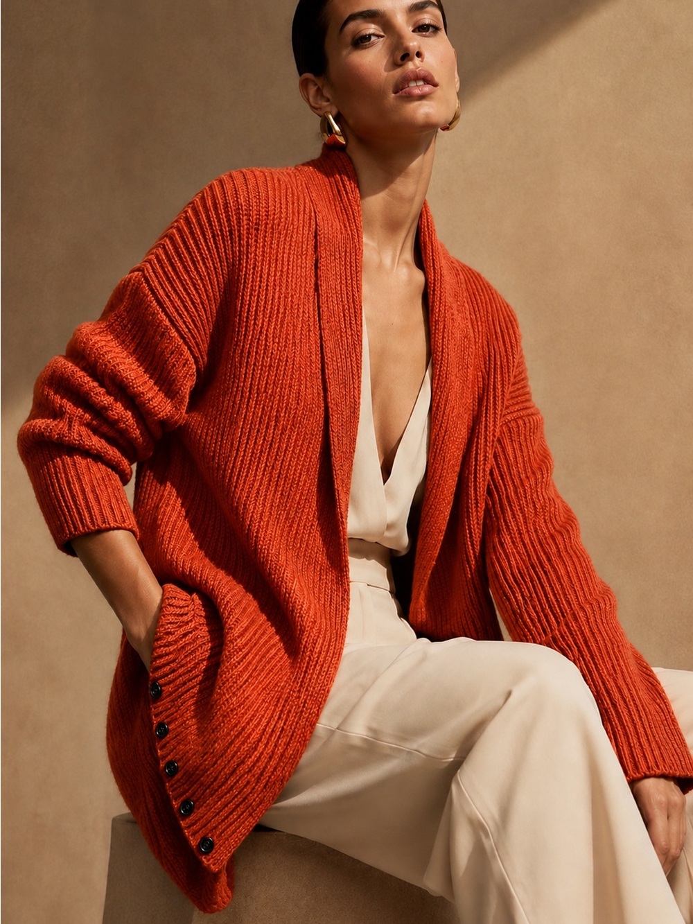 Vince Ribbed Open Front Cardigan Sweater Red/ Rust Wool Blend Size Medium